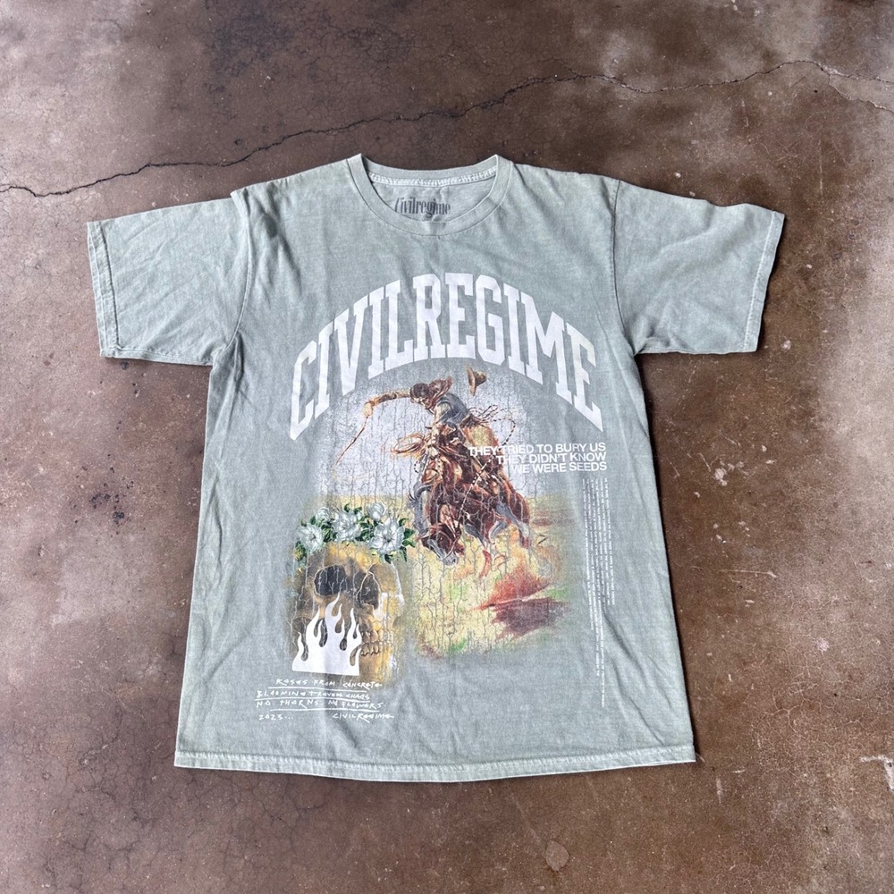 Civil Regime Graphic Tee Mens Large Sage Green Excellent Cowboy Skull Streetwear
